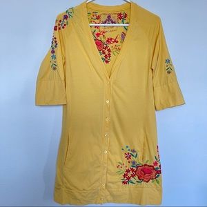 Johnny Was Joy Love Light Elbow Sleeve Yellow Embroidered Cardigan Size Small